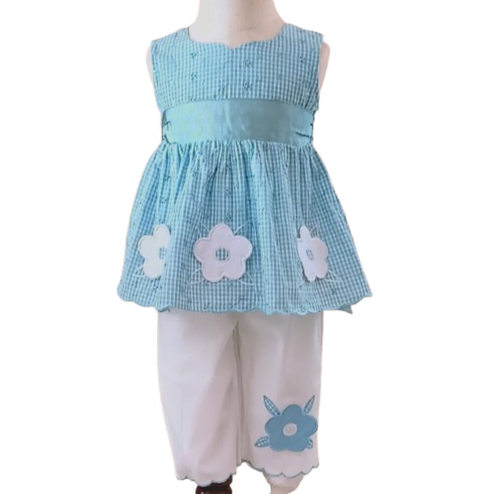 Blue Gingham Top & Pants Set 18M Embroidered Applique Eyelet Scalloped Trim